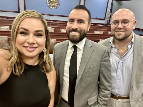 Free Press Action’s Vanessa Maria Graber and Eric Thurm flank Guerrero Lopez (center), the executive director of the Pennsylvania Legislative Latino Caucus