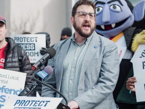 Free Press Co-CEO Craig Aaron speaking at a "Protect Public Media Day" protes