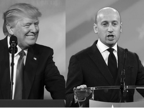 Side-by-side photos of Trump and Stephen Miller speaking at podiums